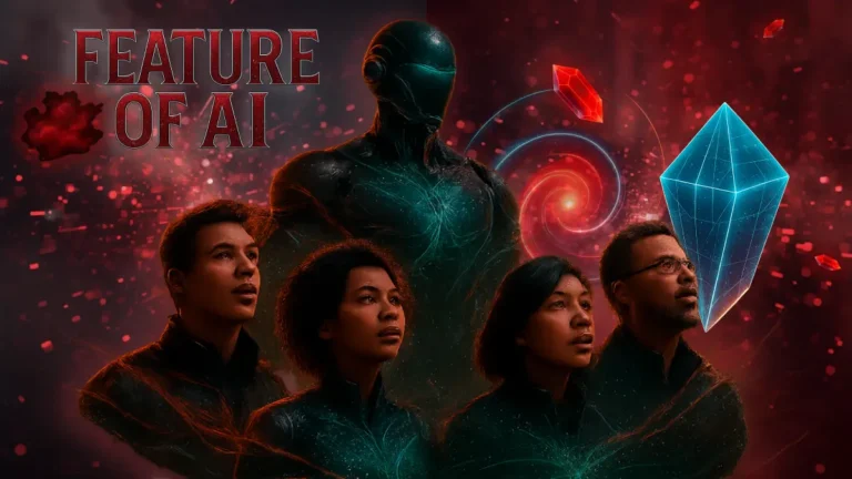 Futuristic cover featuring ai and the future, with a sleek robot guiding humans through glowing holograms, symbolizing bold transformations by 2030.