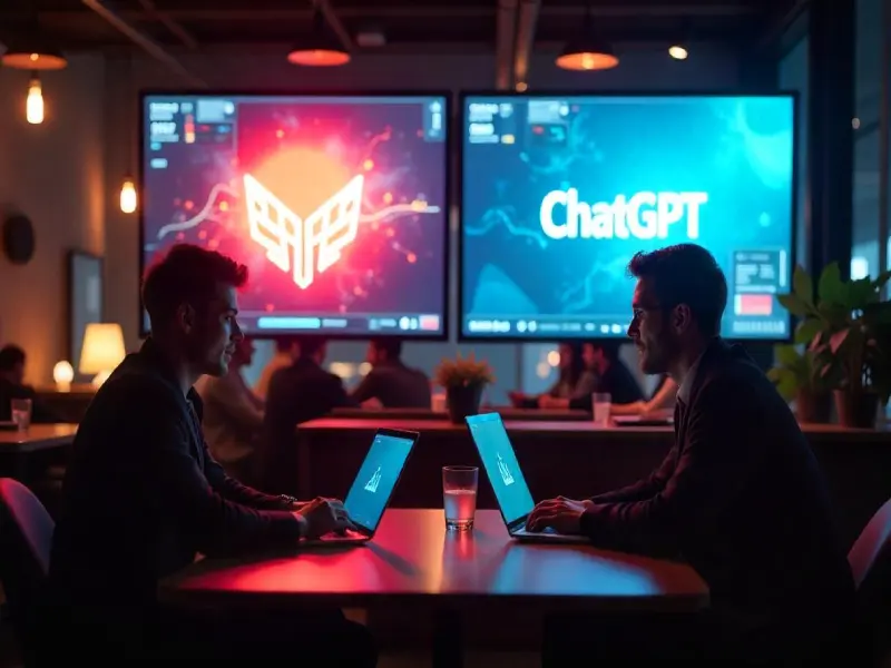 A floating holographic comparison table displaying ChatGPT vs Claude AI criteria (pricing, UX, features) with their logos, set in a modern startup office, sci-fi holographic aesthetic, vibrant neon colors, ultra-detailed, 4K, clean and concise