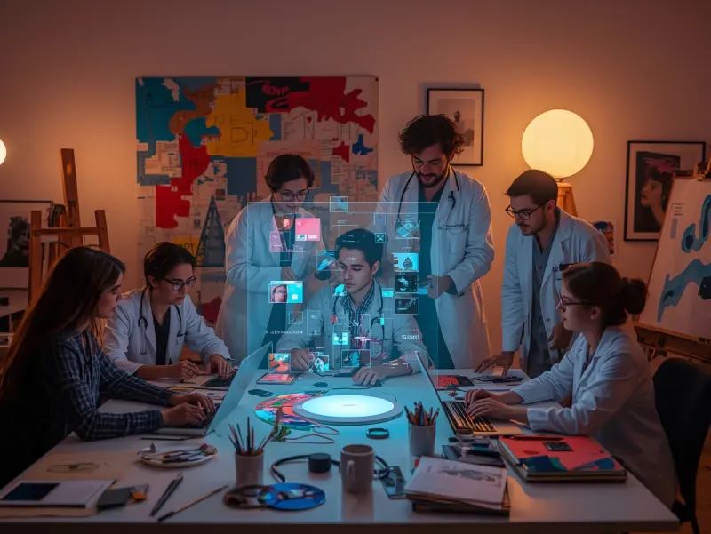 A vibrant studio with artists and doctors collaborating on a holographic AI interface, smiling, as jobs that AI will replace inspire creative synergy.
