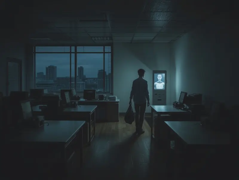 A moody office at twilight with empty desks and a worker packing, pensive yet hopeful, as an AI kiosk glows, symbolizing jobs that AI will replace. Sunlight hints at opportunity.