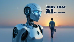 A sleek AI robot with glowing lines operates a holographic screen, while a worker walks away with hope, symbolizing jobs that AI will replace in 2025. Simple gray background with empty top for text.