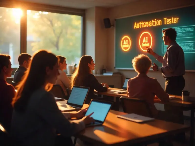 A lively classroom with workers learning AI skills, a teacher pointing to ‘AI Ethicist’ roles, symbolizing hope as jobs that AI will replace evolve.