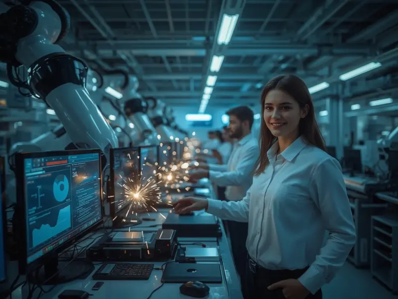 A high-tech factory with robotic arms and smiling technicians, glowing charts showing efficiency, symbolizing jobs that AI will replace in a transforming world.