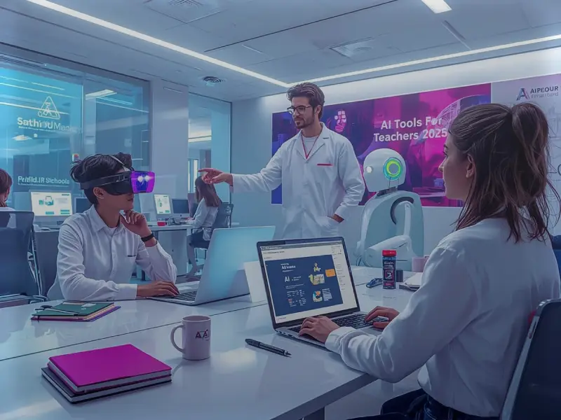 University computer lab with students using VR headsets and AI chatbots, a professor showing analytics, and 'AI Tools for Teachers 2025' on a banner.