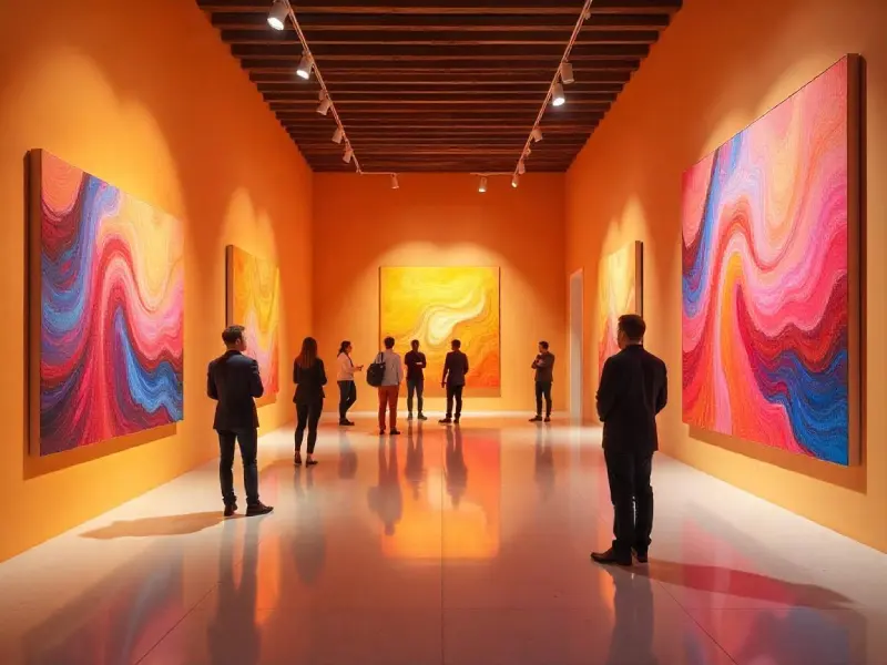 A photorealistic modern art gallery with vibrant AI-generated paintings, elegant visitors, 4K resolution, showcasing Midjourney's artistic flair.