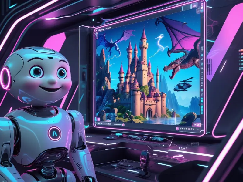 Futuristic digital interface with holographic AI-generated art samples, including cartoon and cyberpunk styles