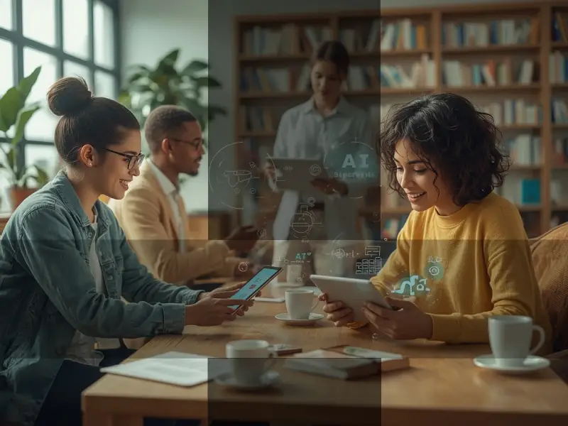 Students in a library using AI tablets, one with a speech-to-text tool, as a professor adjusts a digital lesson plan.