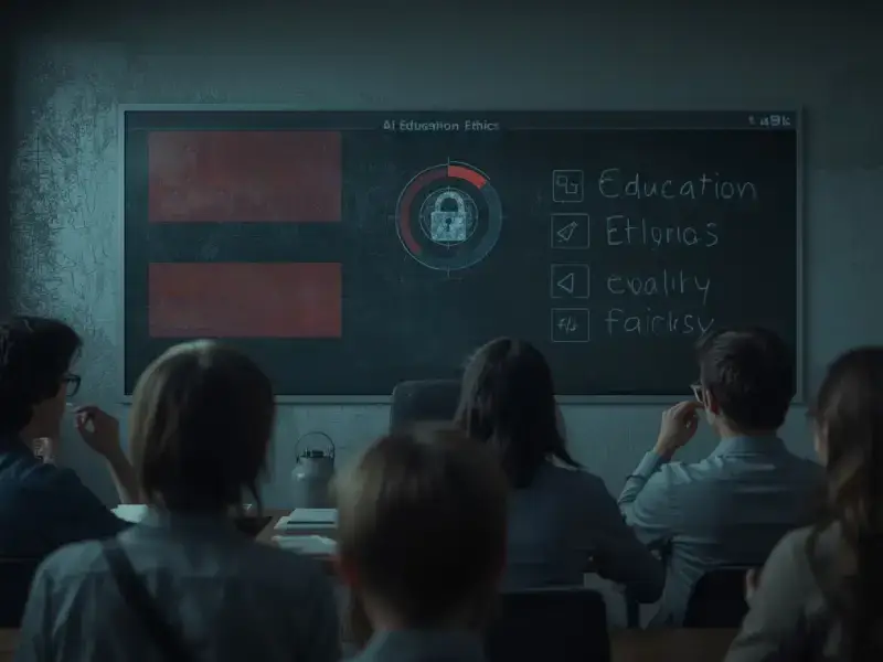 Classroom with an AI dashboard showing 'Error' alerts, students concerned, and a professor reviewing, with 'AI Education Ethics' on a chalkboard.