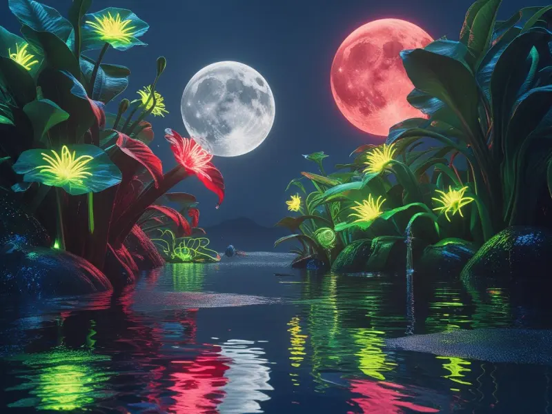 Glowing alien jungle with neon-green plants under two moons, created by AI image generator