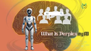 Infographic-style image featuring glowing icons for What Is Perplexity AI’s conversational search, Comet Browser, and API against a clean white background with teal and orange accents.