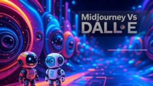 Futuristic illustration of 'DALL·E vs Midjourney' showdown, featuring two stylized robots labeled 'Midjourney' and 'DALL·E' facing off with glowing title in the top right.