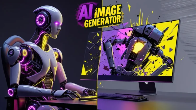 Fantasy AI robot at a monitor with glitchy, broken robot designs, minimalist background for text, created with an AI image generator no restrictions for AI art article