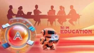 A vibrant cover with a glowing AI orb and orbiting educational icons on an orange-coral gradient, featuring a subtle classroom silhouette and space for text, highlighting AI in higher education.