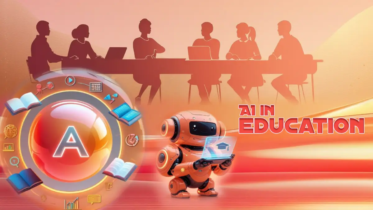 A vibrant cover with a glowing AI orb and orbiting educational icons on an orange-coral gradient, featuring a subtle classroom silhouette and space for text, highlighting AI in higher education.