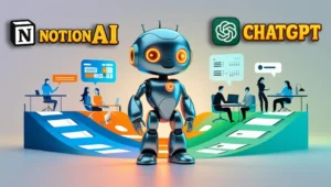 Futuristic AI robot guiding to Notion AI and ChatGPT, top chatgpt alternative for productivity, with a clean gradient background.