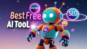 Fantasy robot with glowing AI tool orbs, showcasing the best free AI tools 2025 in a vibrant, futuristic setting.