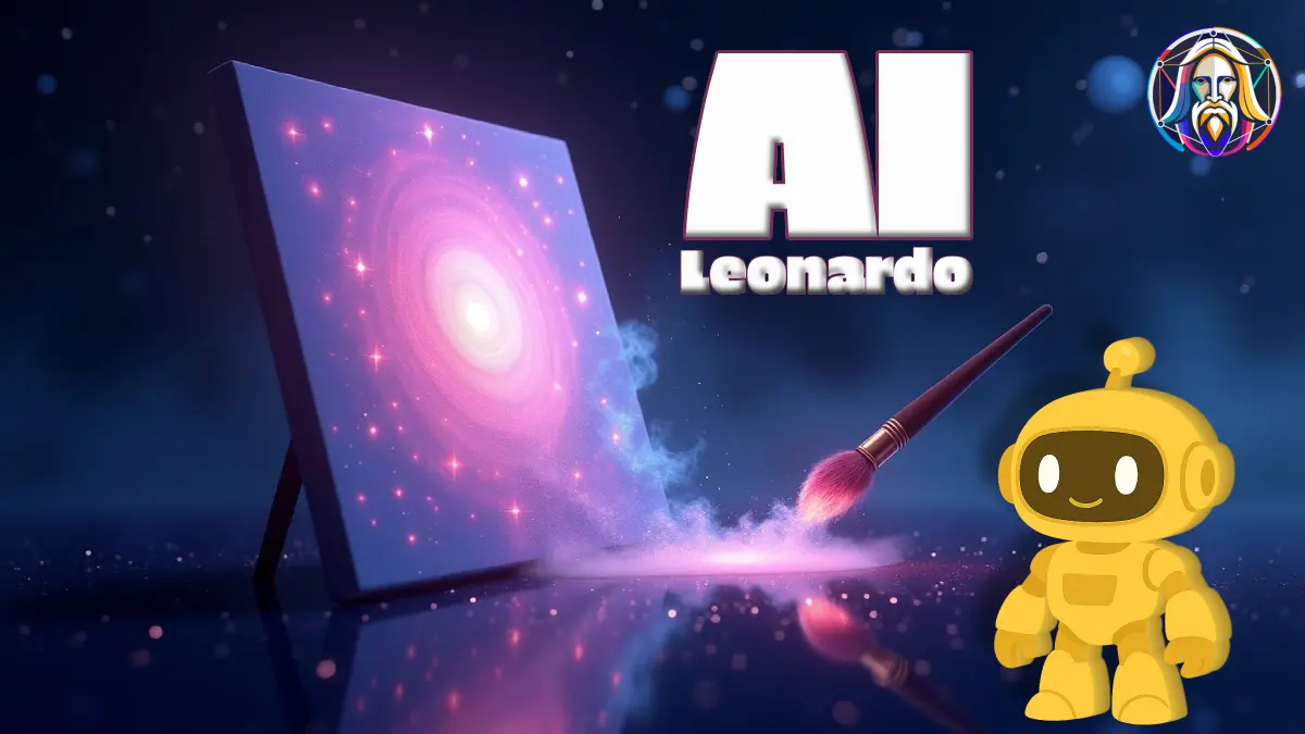 Leonardo AI logo glowing with neon blue and violet energy in a cosmic mist with faint stars, alongside a tiny whimsical robot with golden gears trailing fairy dust, set against a minimalist deep indigo gradient with an empty right space for text.