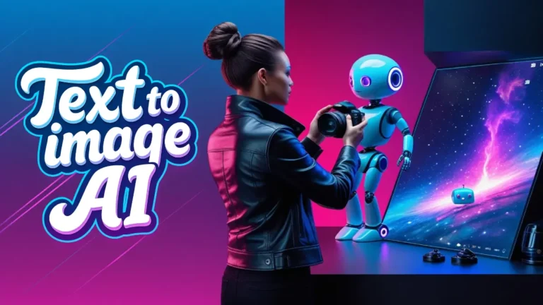 Vibrant poster of photographer handing DSLR to quirky AI robot with cosmic nebula screen, neon gradient background, space for text, showcasing text to image AI creativity.