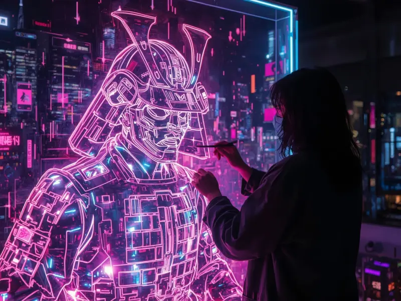 Cyberpunk artist creating vibrant holographic samurai art