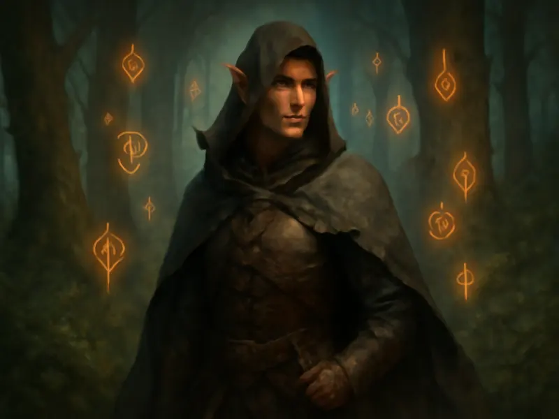 Rogue elf in a misty forest with glowing runes, AI-generated D&D artwork