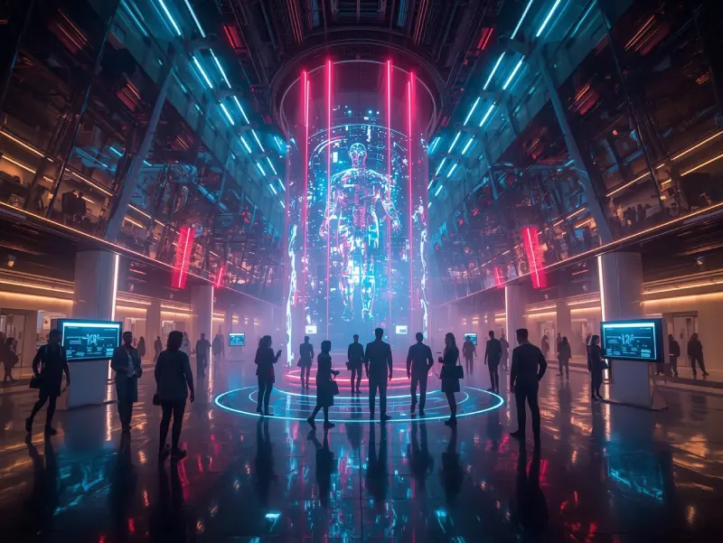 Luxurious futuristic plaza showcasing ai and the future, with AI drones and neon-lit displays for healthcare and automation trends.