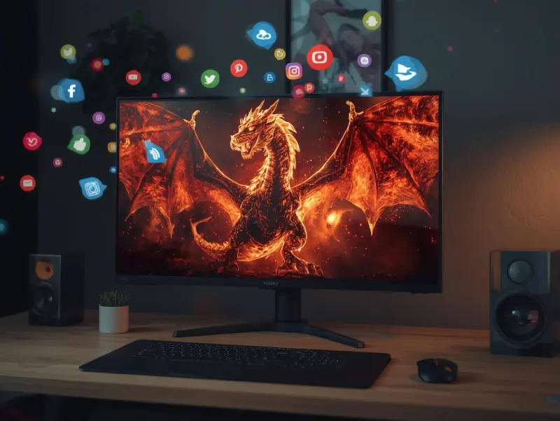 Professional designer showcasing a high-res fantasy dragon poster created with the Best AI art generator, displayed on a sleek monitor in a modern studio with floating vibrant social media icons.