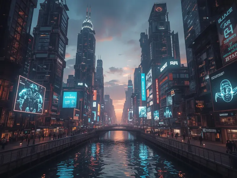 A photorealistic futuristic cityscape at dusk with neon skyscrapers and holographic billboards, 4K resolution, highlighting Midjourney's bold, creative style.
