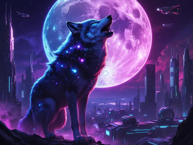 Galactic wolf howling at neon moon with cyberpunk cityscape, AI-generated artwork