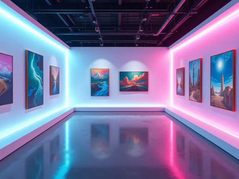 Futuristic art gallery comparing Leonardo AI’s crisp, vibrant artworks with blurry competitor pieces, showcasing the Best AI art generator, illuminated by neon lights in high contrast.