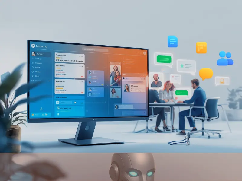 Digital artwork showcasing Notion AI’s versatile workspace compared to ChatGPT’s conversational interface.