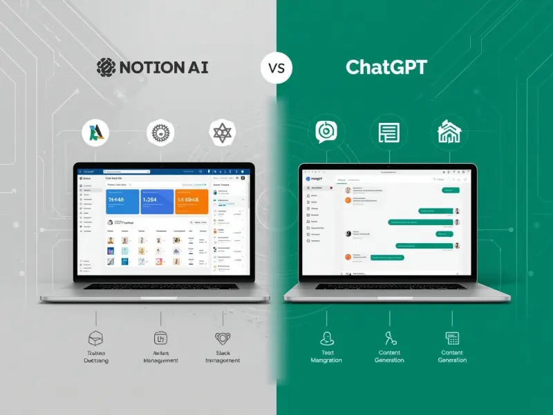 Infographic comparing Notion AI’s collaboration features and ChatGPT’s content creation capabilities on sleek laptops.