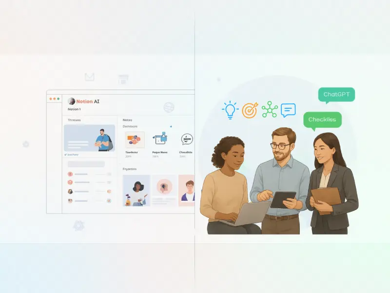 Split-screen illustration of Notion AI’s organized workspace and ChatGPT’s creative chat interface, highlighting their productivity strengths.