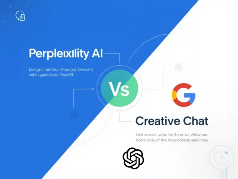 Comparative infographic showcasing Perplexity AI’s sourced answers, ChatGPT’s creative chat, and Google’s link search, with a blue, green, and white split background.