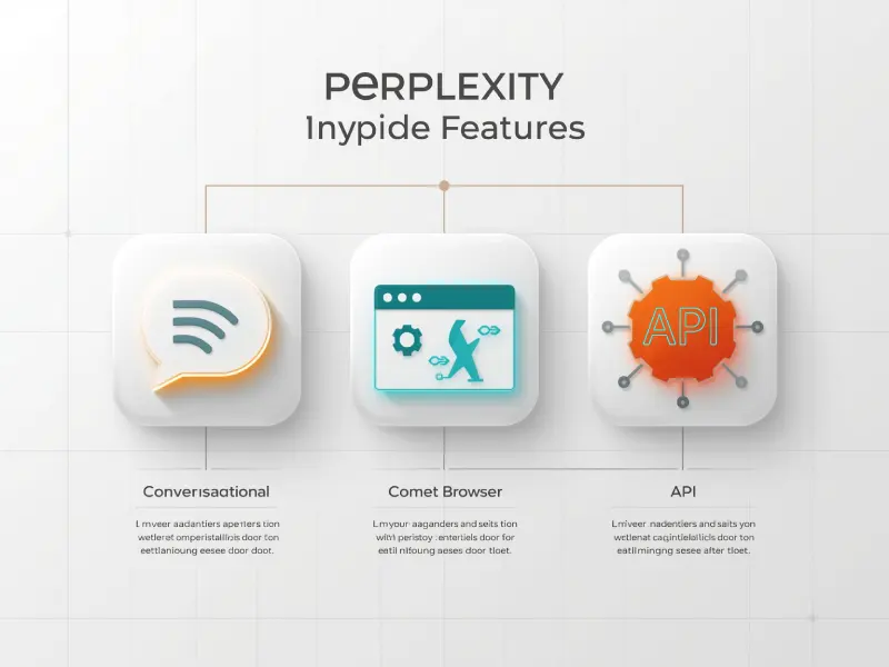 Infographic-style image featuring glowing icons for What Is Perplexity AI’s conversational search, Comet Browser, and API against a clean white background with teal and orange accents.