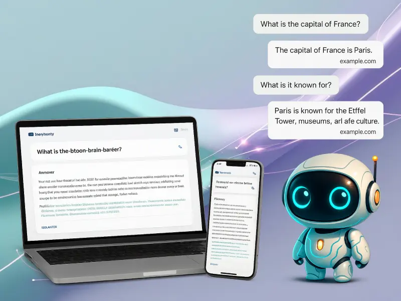 Modern UI mockup of Perplexity AI’s conversational search interface on a laptop and smartphone, with a clean, minimalistic design and a hand interacting with the phone.