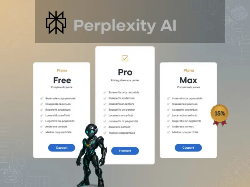 Elegant pricing table graphic for Perplexity AI’s Free, Pro, and Max plans, with a blue and gold color scheme, digital patterns, and a coupon badge for discounts.