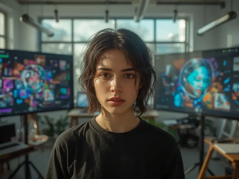 A hyper-realistic AI-generated portrait of a young artist in a modern studio, surrounded by digital screens with vibrant artwork, soft natural light, 8K resolution, showcasing DALL·E 3's precision