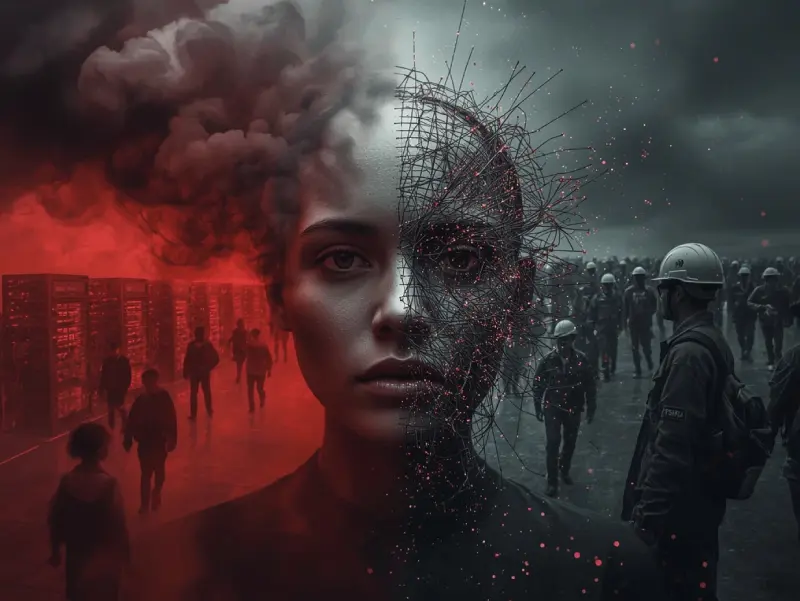 Split-scene image illustrating ai environmental impact and societal risks, including bias and job displacement by 2030.