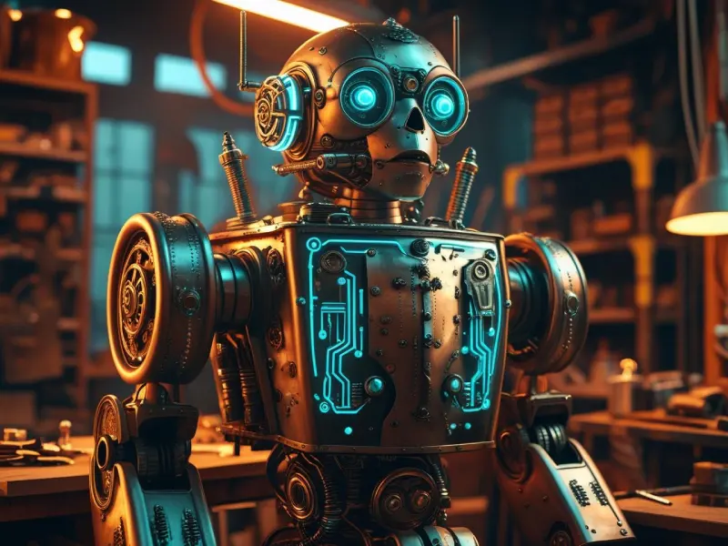 Steampunk robot in a workshop with neon-blue circuits, AI-generated artwork