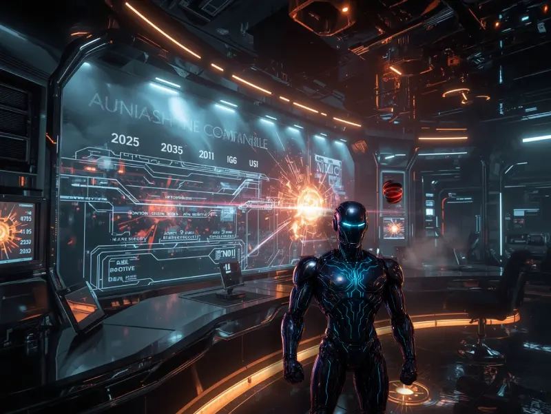 Futuristic command center with robots and holographic AI milestones by 2030, featuring supply chain, AGI, and quantum synergy.