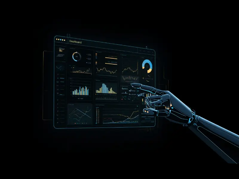A robotic hand interacting with a glowing digital dashboard of charts and analytics, highlighting AI trends in business on a black background.