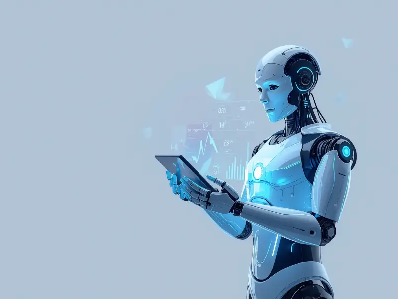 A futuristic AI robot with glowing blue LEDs holding a holographic tablet with data charts, representing agentic AI trends on a light gray background.