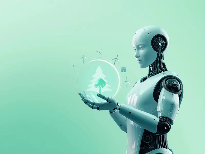 A futuristic AI robot holding a glowing orb with a tree icon and eco-friendly symbols, showcasing sustainable AI trends on a light green background.