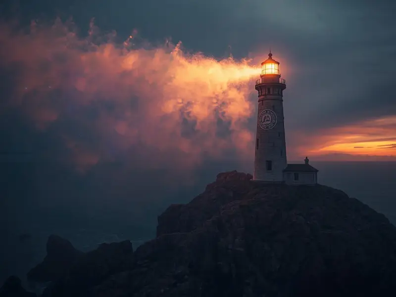 A majestic lighthouse illuminating a digital fog with best AI search engine icons, symbolizing AI-Tools' guidance for free AI tools and innovation.
