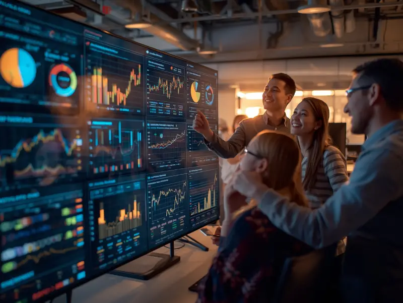 A dynamic startup office with a team analyzing digital marketing and AI-driven data visualizations on a large screen, highlighting improved ROI with vibrant heatmaps.