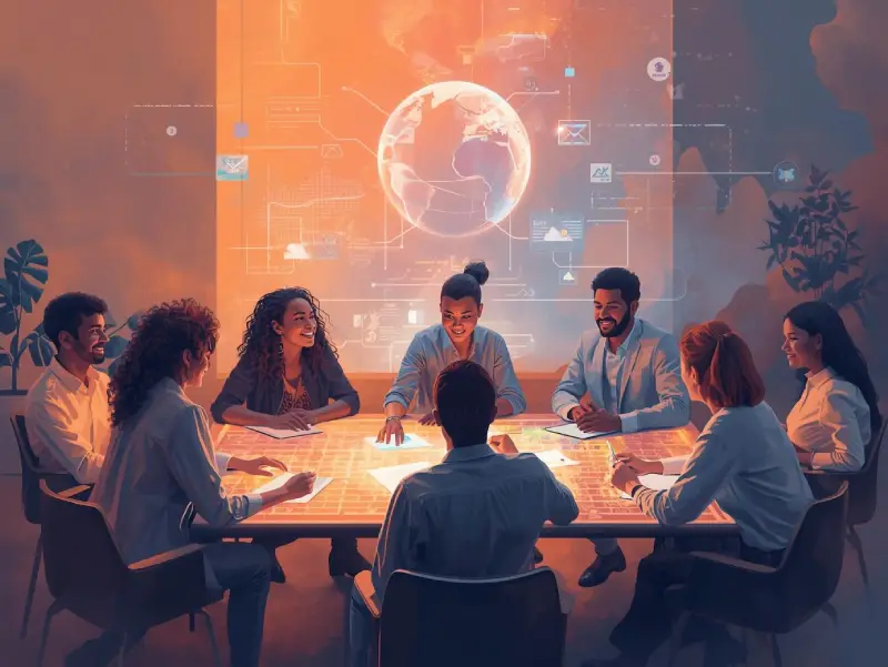 A diverse team brainstorming around a digital table with digital marketing and AI visuals like personalized emails, glowing with optimism and ethical trust icons.