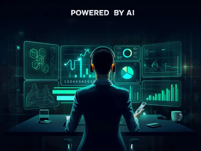 A modern marketer’s workspace with a holographic dashboard displaying digital marketing and AI analytics, featuring vibrant charts and a coffee cup for a human touch.