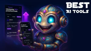 A whimsical fantasy robot with glowing blue eyes and intricate metallic designs, joyfully holding a smartphone displaying the best AI search engine interface of AI-Tools, with a neon-purple arrow pointing to the 'Introducing 300+ powerful AI tools' screenshot above, set against a cosmic backdrop.