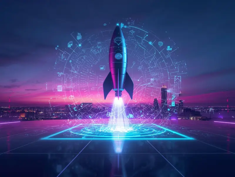 Futuristic cityscape with a rocket launching, showcasing best AI search engine data streams and top 10 AI tools icons, representing AI-Tools' innovative future.