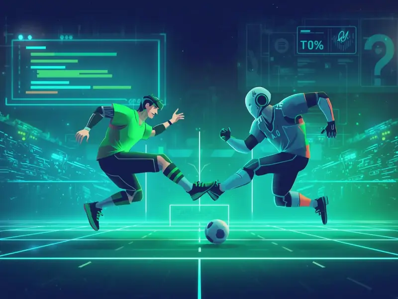 A coder and AI programming software team up like football players, kicking glowing code on a futuristic field of collaboration.